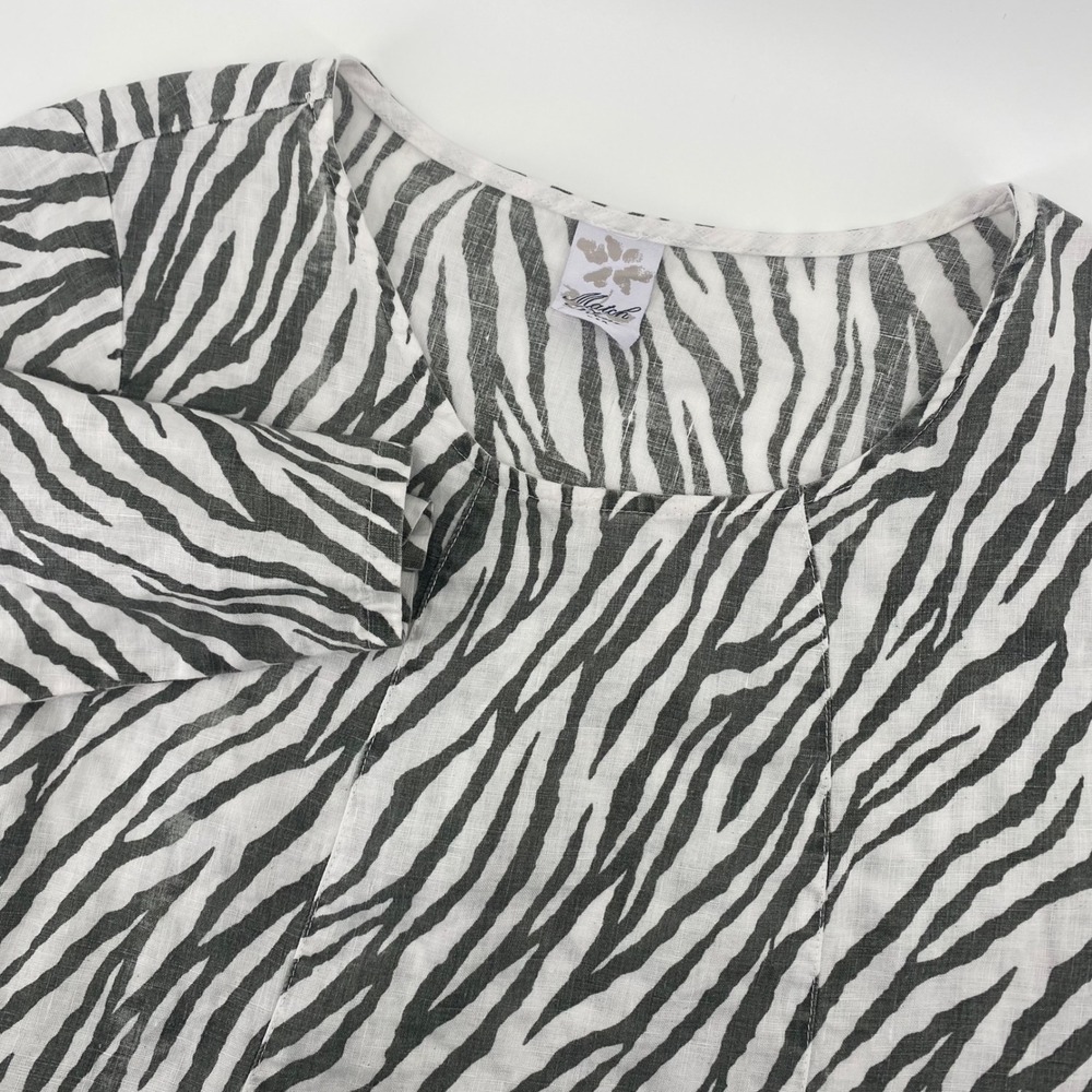 Match Point Linen Tunic Women Large White Black Zebra Print 3/4 Slv Lagen Look